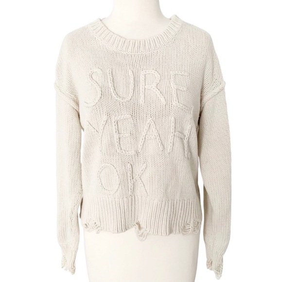 WILDFOX Chunky Knit Distressed “Sure Yeah Ok” Graphic Oversized Sweater Cream - Picture 2 of 16
